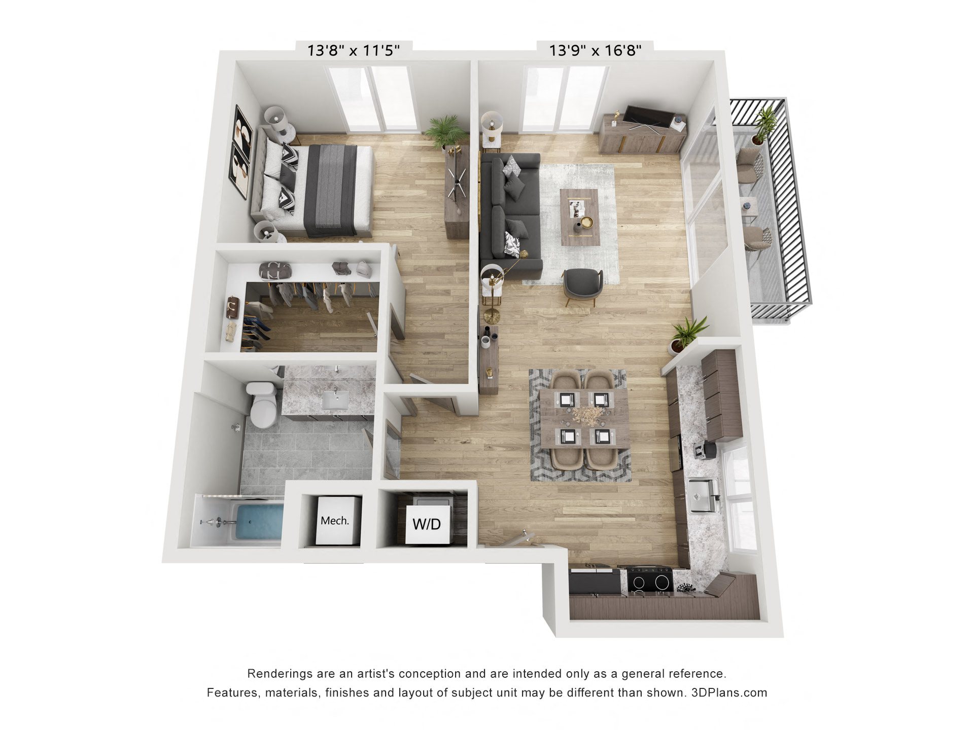 Floor plan for 1 bed, 1 bath, 675 sqft